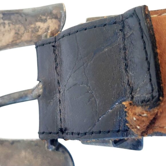 Vintage Western Belt S M Streets Ahead Leather Brass Buckle USA Unisex Chunky - Picture 7 of 14